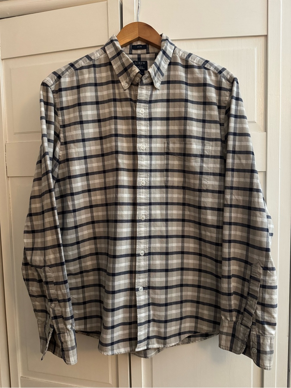 J. Crew Men's Gray and Navy Plaid Button-Down Shirt - Large Slim Fit